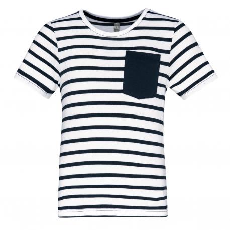 Camiseta corta marinero a rayas con bolsillo para niños