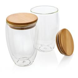 Vaso de cristal doble pared con tapa de bambú 450ml personalizado
