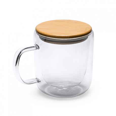 Taza de doble pared realizada en cristal borosilicato con tapa de bambú INDAL