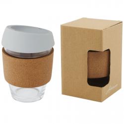 Vaso de vidrio borosilicato de 360 ml con agarre de corcho y tapa de silicona Lidan